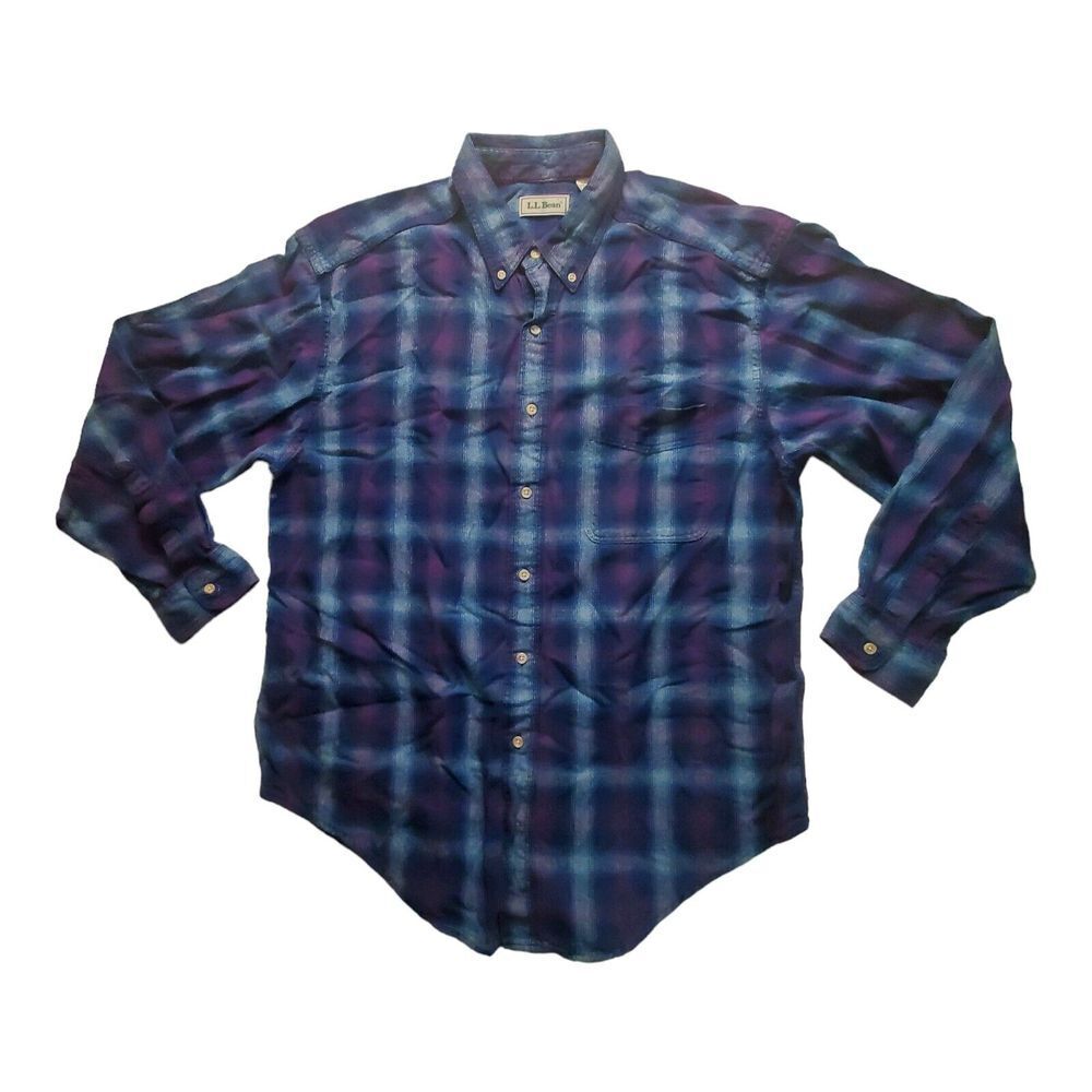 Vintage LL  Bean Plaid Flannel Large Made In USA Purple Blue Button Down Oxford